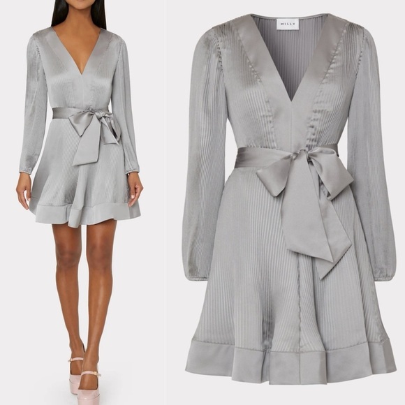 Milly Liv Satin Pleated Dress Silver 0 fit flare tie waist ballet wedding party - Picture 1 of 12